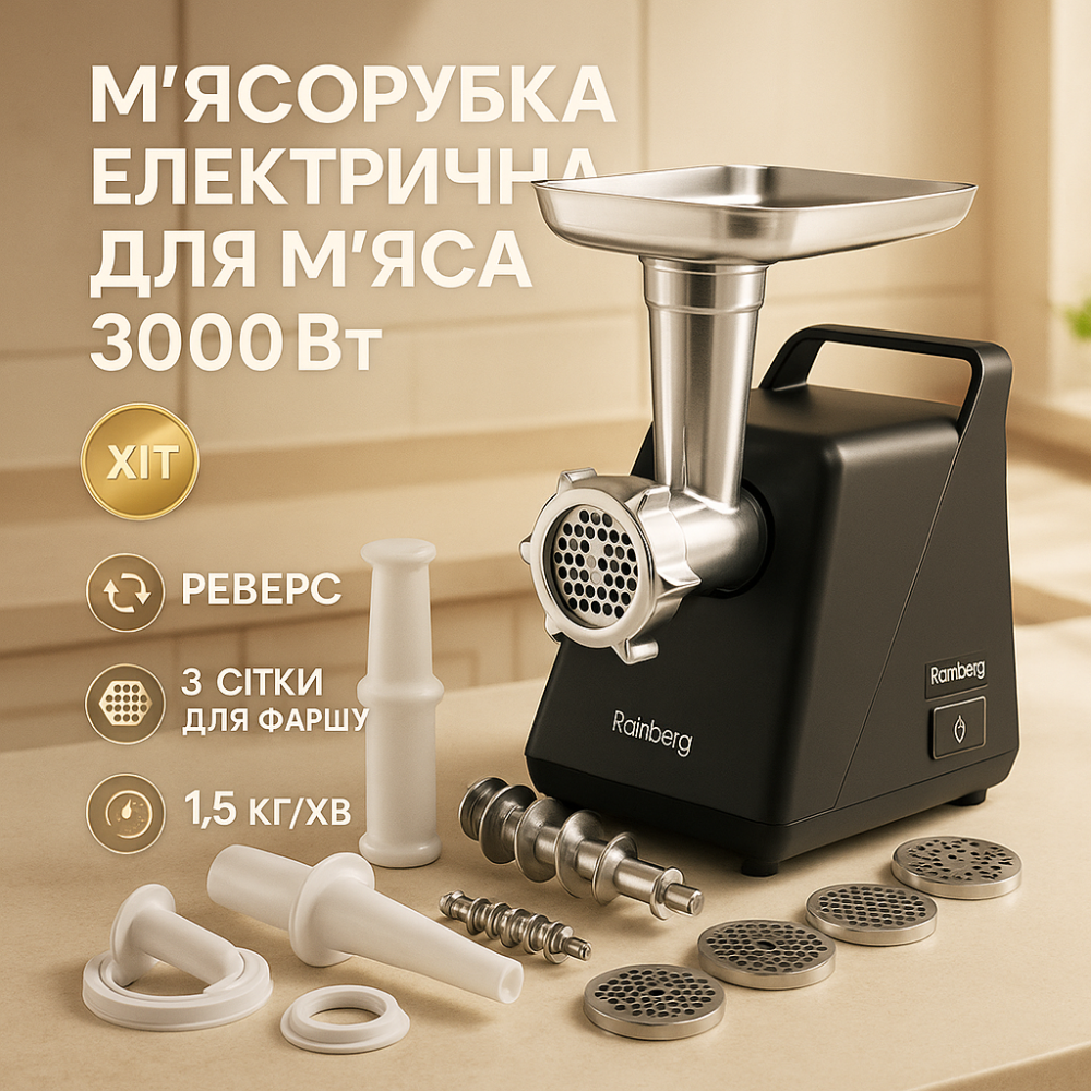 Электромясорубка с насадками для сока и колбас Rainberg RB-679 3000Вт, Домашняя электромясорубка ZE-48 Львов - изображение 18