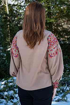 Вышиванка женская, льняная, кофейная, с длинным рукавом, топ Киев