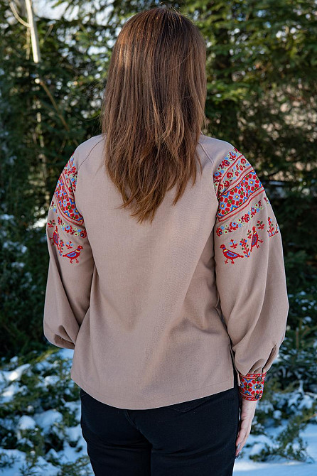 Вышиванка женская, льняная, кофейная, с длинным рукавом, топ Киев - изображение 3