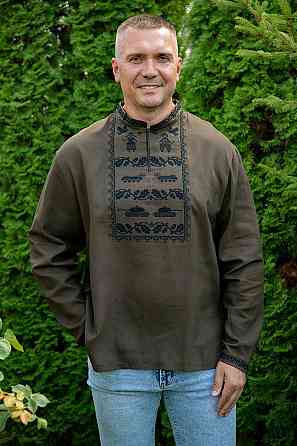 Вышиванка мужская с длинным рукавом хаки льон, рубашка мужская с вышивкой льняная вышиванки и рубашки мужские 64 Киев