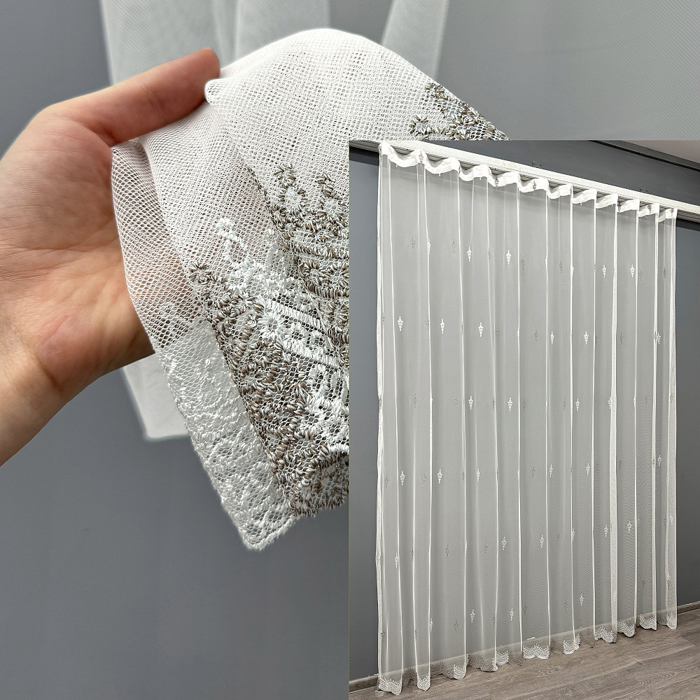 Тюль VR-Textil 1502т Грек-сетка с вышивкой Молочный с какао 300х250 см (40-174) Киев - изображение 1