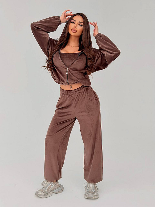 Жіночий стильний повсякденний велюровий костюм-трійка Шоколад, 46/48 Одеса - фото 2