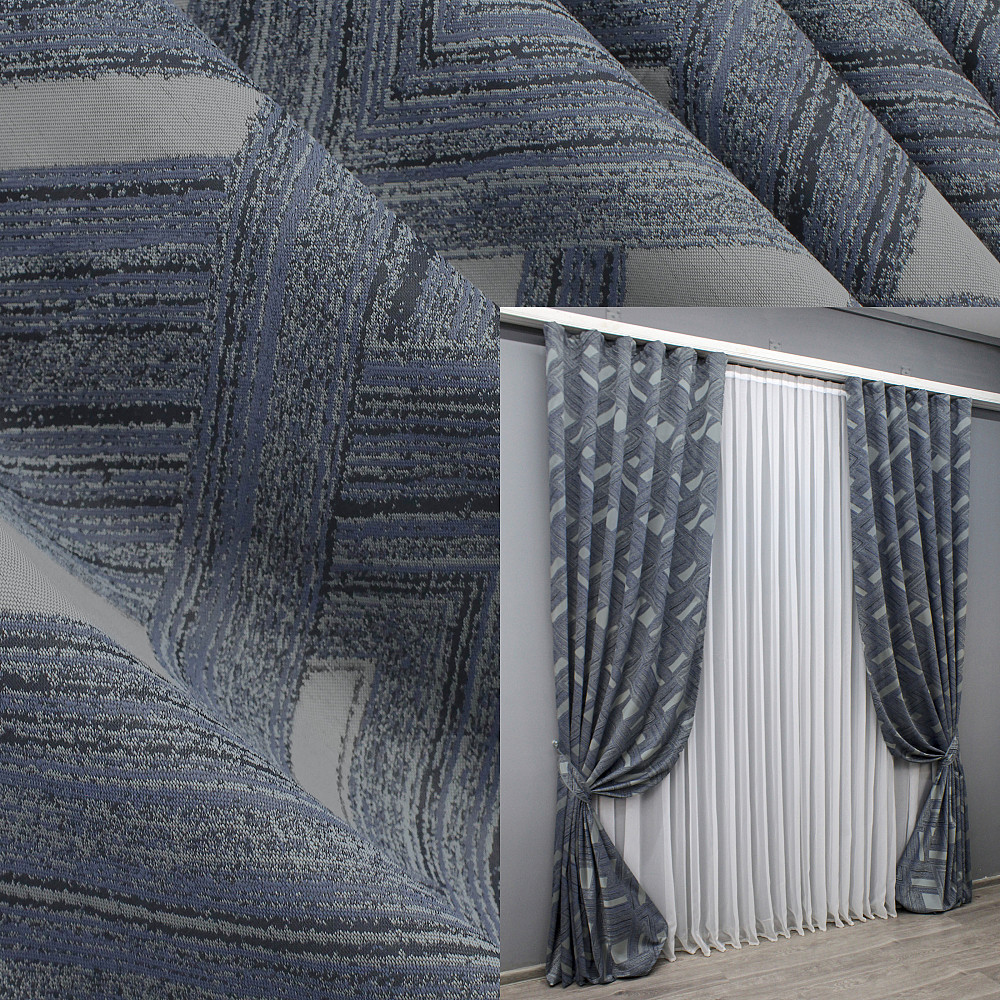 Комплект готовых штор VR-Textil Жаккард Mystery № 1628ш Синий с серым 150х290 см 2 шт (33-0571) Киев - изображение 1