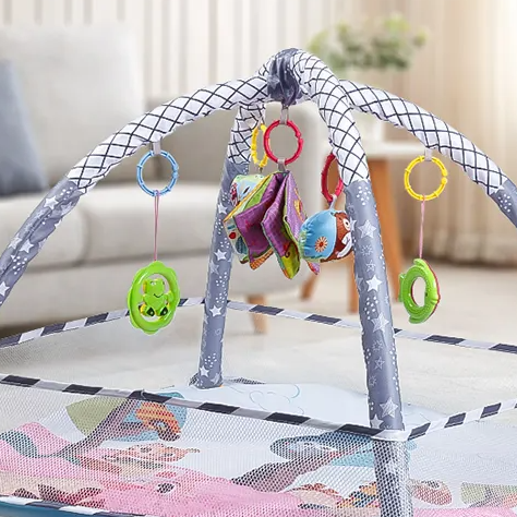 Детский развивающий игровой коврик-манеж с подвесками, манеж с защитным ограждением, 80x80x50см, зеленый Каменец-Подольский