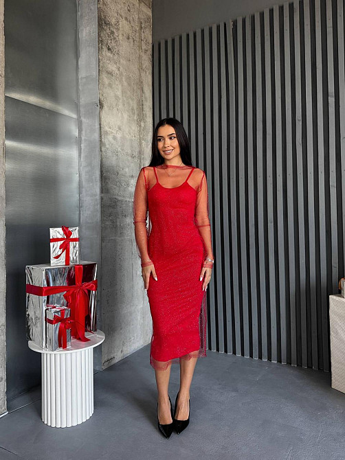 Женская элегантная вечерняя миди-платье вискоза и сетка молния Красный, 46/48 Одесса - изображение 3
