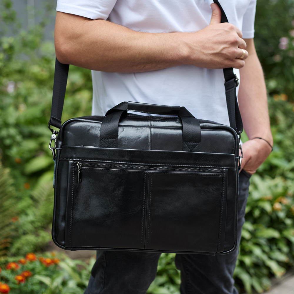 Кожаная мужская сумка-портфель 38х28х8, сумочка для работы и ежедневных дел, мужской шопер, черная Каменское - изображение 8
