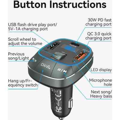 Автомобільний FM-трансміттер Vention PD 54W 3-Port USB (C+A+A) LED/USB Flash/Bluetooth, вольтметр Вінниця