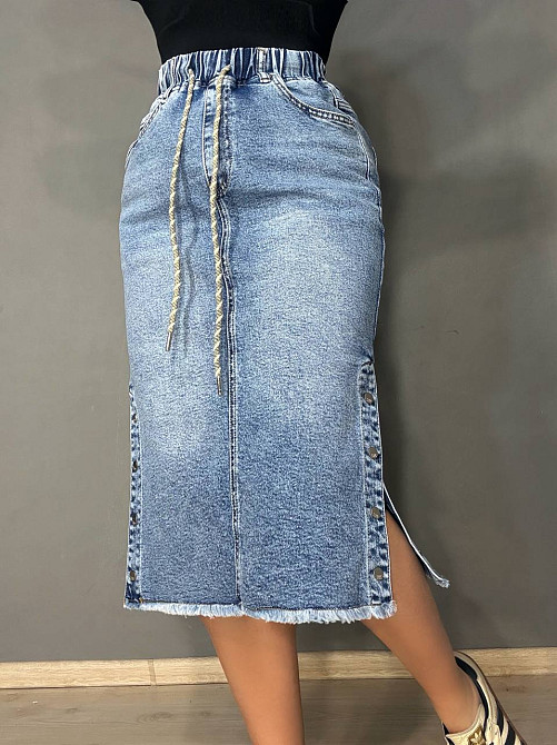 Спідниця жіноча джинсова ZJY 67510 - 68016 з розрізами резинка на талії великі розміри блакитна, блакитний, З4, 34, 94 см, 112 см Київ - фото 10