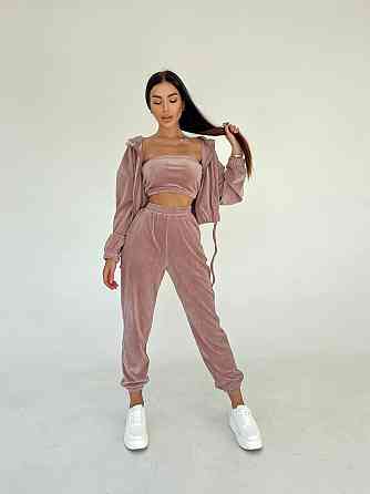 Жіночий плюшевий прогулянковий костюм трійка: кофта топ і штани велюр плюш Одеса