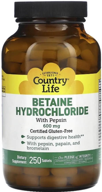 Бетаїну гідрохлорид Country Life Betaine Hydrochloride 600 мг 250 таб Київ - фото 1
