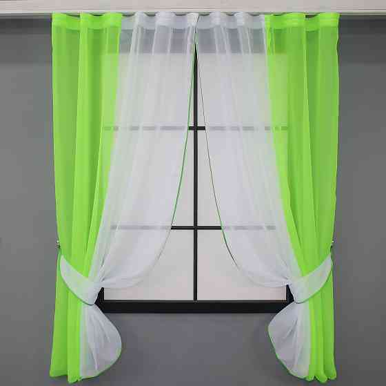 Кухонные шторы VR-Textil № 017к комбинированные с подвязками неоново-салатовый с белым 265х170 см (52-0742) Киев