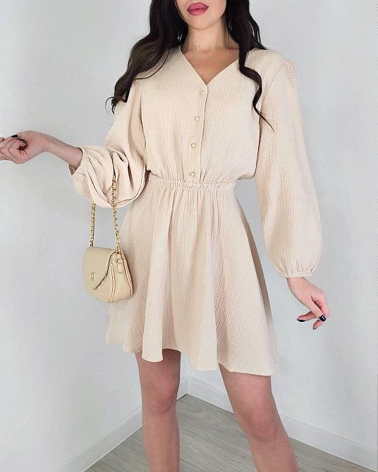 Женское легкое мини платье из натуральной ткани муслин Беж, 48/52 Одесса - изображение 1