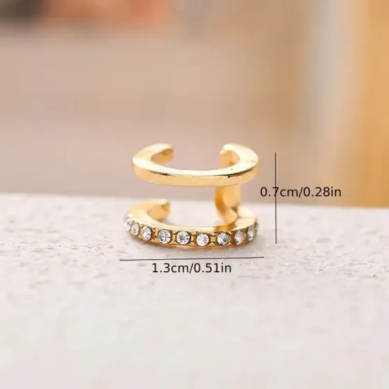 Серьга-кафф золотистого цвета с двойным ободком и камешками (без прокола) Киев