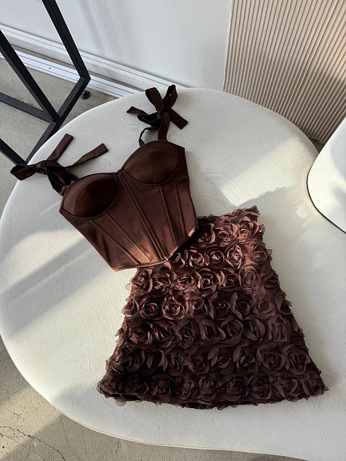Женский романтичный корсетный комплект с 3D-цветами Шоколадный, M Одесса - изображение 8