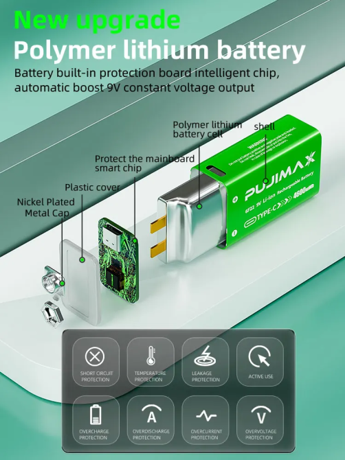 Акумуляторна батарея Pujimax 9В 4600 мВт/год Type-C модель 6F22 для металошукача (2 шт.) Зелений Вінниця - фото 7