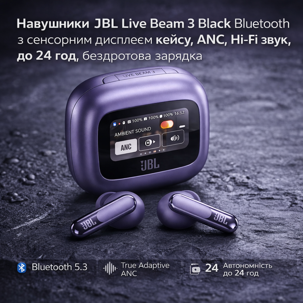Навушники JBL Live Beam 3 Purple Bluetooth з сенсорним дисплеєм кейсу, ANC, Hi-Fi звук, до 24 год, бездротова зарядка Київ - фото 1