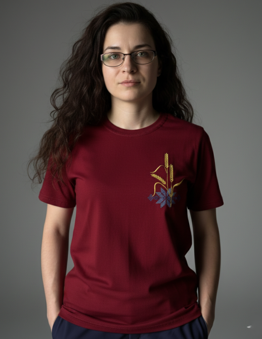 Женская насыщенная вышитая футболка вышиванка бордовая с голубым орнаментом в колосках 4XL Киев - изображение 1