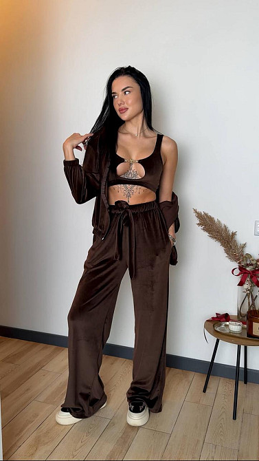 Жіночий стильний костюм-трійка: кофта топ і штани велюр плюш Шоколад, 42/44 Одеса - фото 4