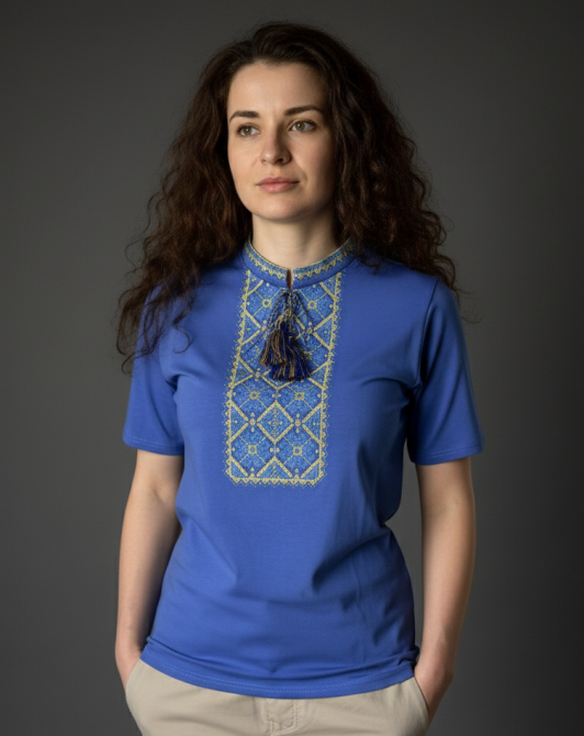 Женская футболка вышиванка синяя с желто-голубым орнаментом M Киев - изображение 1