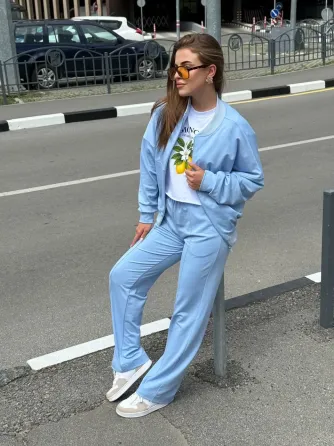 Женский костюм оверсайз с широкими брюками из двунитки Голубой 42/44 Харьков