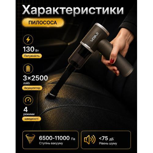 Акумуляторний пилосос VOIN V-85CL 130Вт, 3 АКБ по 2500мАг, 4 режими, сухе та вологе прибирання, з сумкою Харків - фото 3