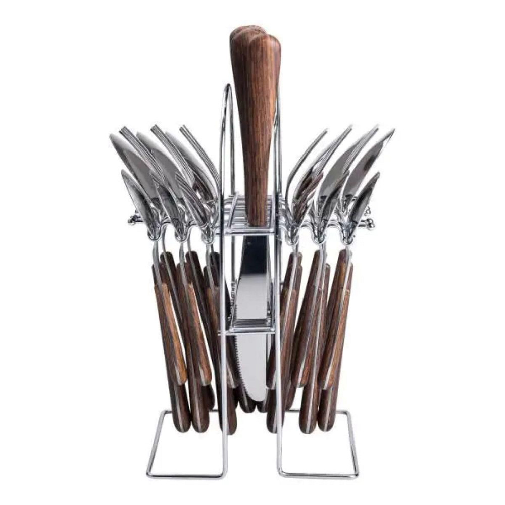 Набор столовых приборов на 6 персон с деревянными ручками на подставке столовые приборы 24 шт Серебро HP-20-1 Киев - изображение 2