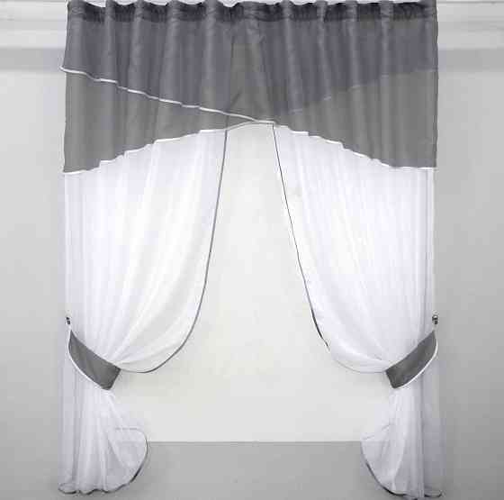 Кухонные шторы VR-Textil № 091к с ламбрекеном и подвязками графитовый с белым 270х170 см (50-252) Киев