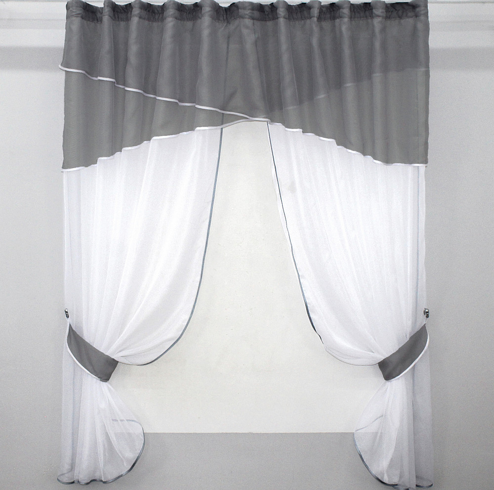 Кухонные шторы VR-Textil № 091к с ламбрекеном и подвязками графитовый с белым 270х170 см (50-252) Киев - изображение 1