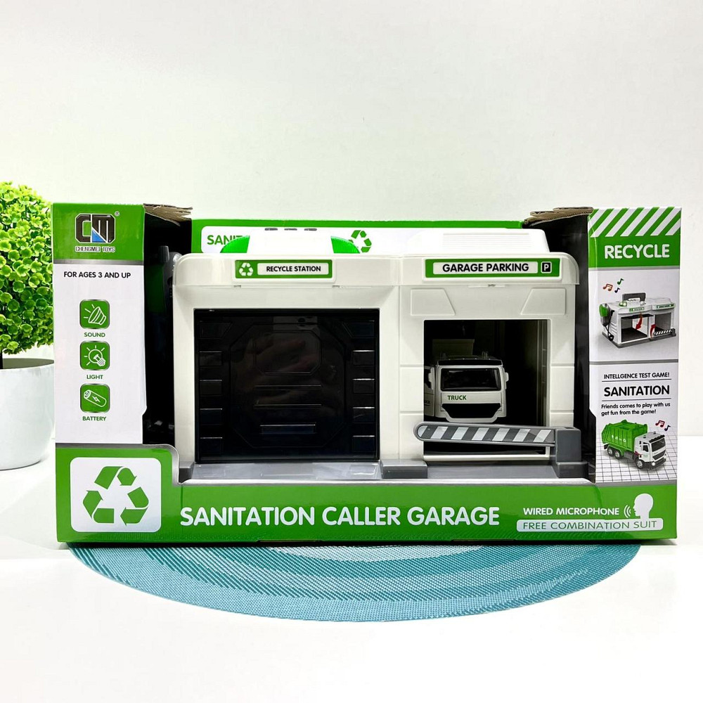 Гараж з машинкою Chengmei Toys Сміттєвоз із контейнером зі світловими та звуковими ефектами Біло-зелений (CLM-552) Чернігів - фото 2