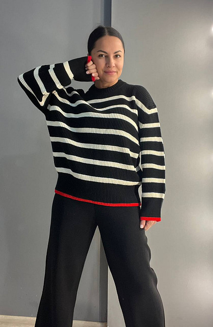 Свитер женский MIX RAY 6635 полоска оверсайз удлиненный свободный крой, черный, one size Киев - изображение 11