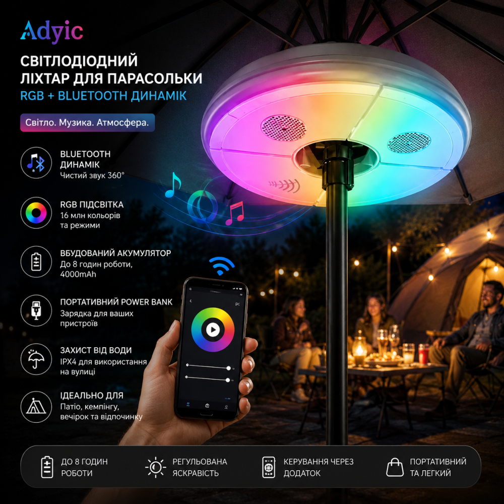 Світлодіодний ліхтар для парасольки Adyic (RGB): Bluetooth-динамік, портативний акумулятор для патіо та кемпінгу Київ - фото 11