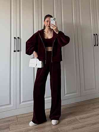 Жіночий стильний костюм-трійка: кофта топ і штани з турецького плюшевого велюру Бургунді, 46/48 Одеса