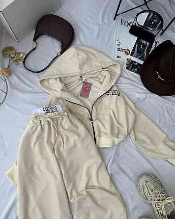 Жіночий стильний прогулянковий костюм із гумкою на штанах двонитка Молочний, 46/48 Одеса