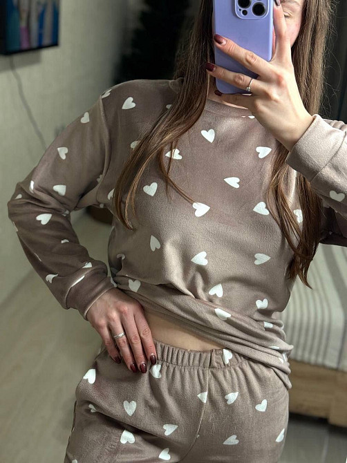 Женский уютный домашний костюм двойка с сердечками турецкий плюш-велюр Мокко, 42/44 Одесса - изображение 4