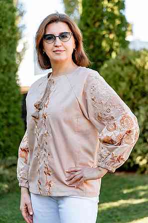 Вышиванка женская, льняная, с длинным рукавом, бежевая, топ 48 Киев