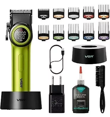 Машинка для стрижки VGR V-001 GGB (10 насадок) 4600 mAh LED дисплей Салатовий Вінниця - фото 1