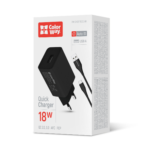 Зарядний пристрій мережевий USB + кабель Type-C 3,0A QC 18W чорний ColorWay CW-CHS013QCC-BK Житомир