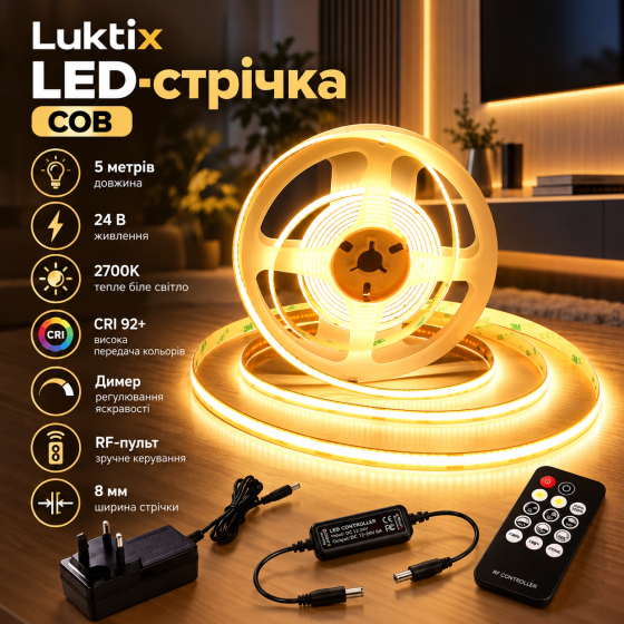 Світлодіодна стрічка Luktix COB 5 м, 24 В, 2700K, CRI 92+, 8 мм, димер, RF-пульт, блок живлення 36 Вт Київ