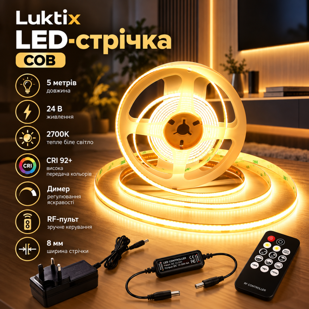 Світлодіодна стрічка Luktix COB 5 м, 24 В, 2700K, CRI 92+, 8 мм, димер, RF-пульт, блок живлення 36 Вт Київ - фото 1