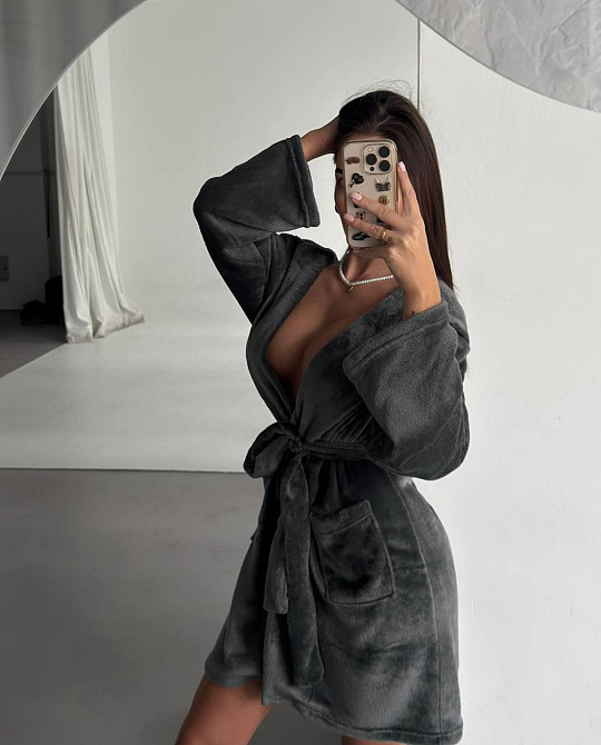 Жіночий теплий короткий халат із поясом із турецької махри Графіт, 46/48 Одеса - фото 1