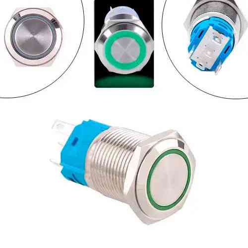 Кнопка нажимная 22 мм возвратная 12 24 В зеленая LED 5 pin 22K P11D металлическая длина 36 мм Киев