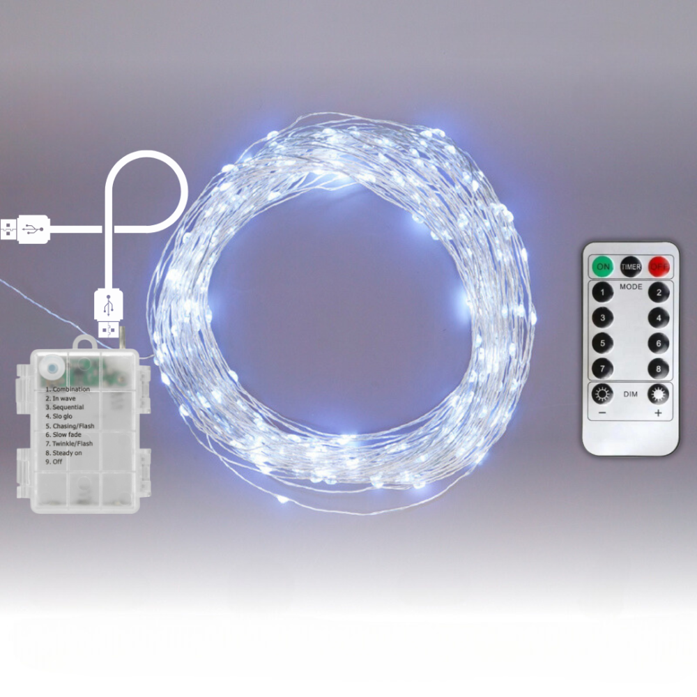 Гірлянда на батарейках роса Niki Light 20 метрів 200 лед пульт 8 режимів гірлянда від батерейок та USB холодний білий Київ - фото 1