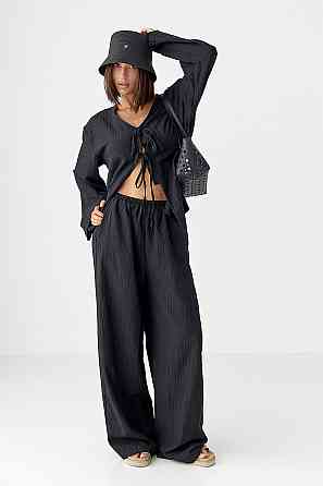 Свободный летний костюм-двойка с однотонной блузой на завязках, Турция, черный, M Лубны