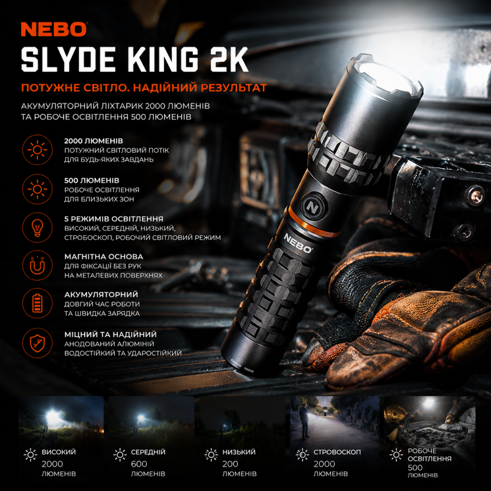 Акумуляторний ліхтар Nebo Slyde King 2K Сталево-сірий: тактичний світлодіодний ліхтарик 2000 лм, магнітний, IP67 Київ - фото 1