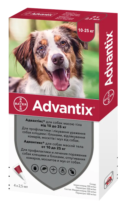 Краплі для собак 10-25 кг проти бліх і кліщів Bayer Elanco Advantix (Байєр Адвантис) 4 піпетки по 2.5 мл Запоріжжя - фото 2