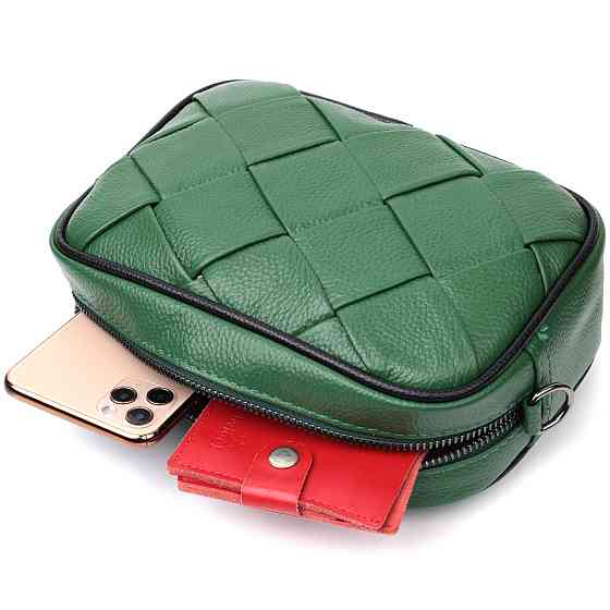 Цікава шкіряна сумка з плетіннями для стильних жінок Vintage 22410 Зелена Київ