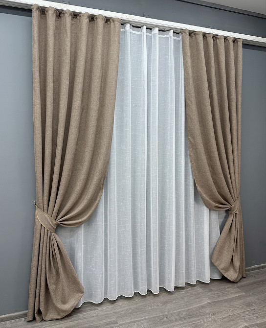 Комплект штор VR-Textil Лен Мешковина 100х270 2шт и Тюль 300х270 113ш-115т Светло-кофейный с белым 71-053/1 Киев - изображение 2