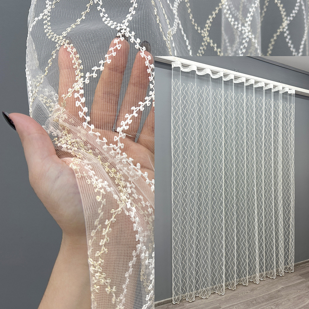 Тюль VR-Textil 1841т Фатин с вышивкой и люрексом Молочный с золотистым 300х270 см (40-187) Киев - изображение 1