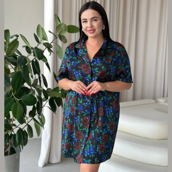 Жіноча шовкова нічна сорочка великих розмірів Ночнушка PLUS SIZE Одяг для дому Сукня для сну з візерунками Одеса