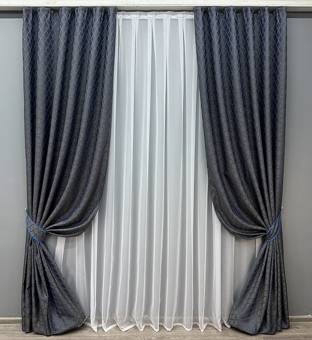 Комплект готових штор VR-Textil Жакард RUBI № 1756ш Графітовий з синім 150х300 см 2 шт (33-0714) Київ - фото 2